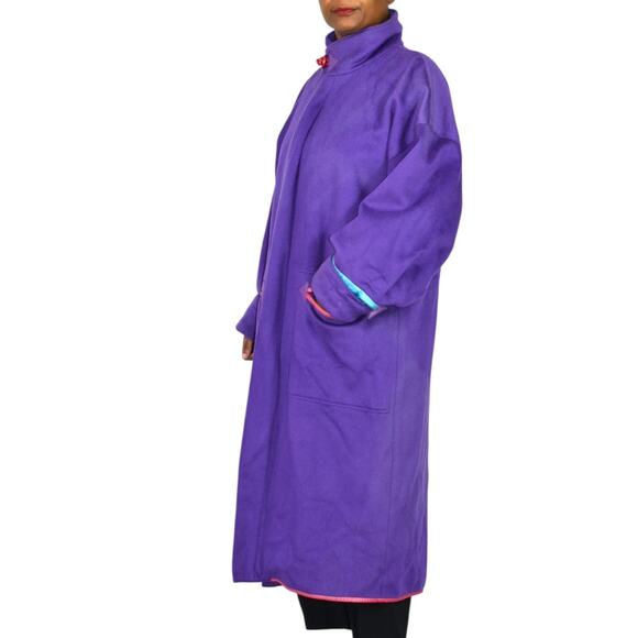 Vintage Purple Maxi Coat 90s Zip Felted Wool Oversized Leather Trim Large OSFM - Picture 3 of 16